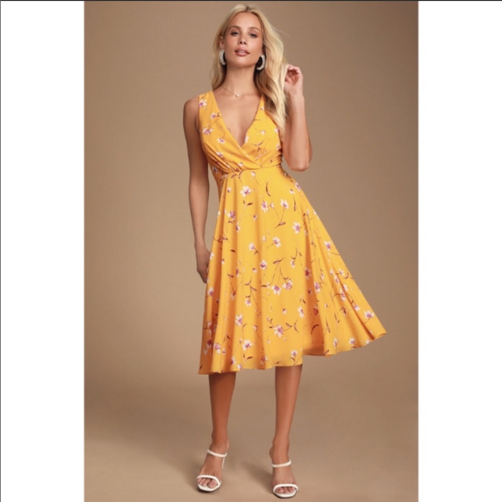 Lulu's Alysia Golden Yellow Floral Midi Dress